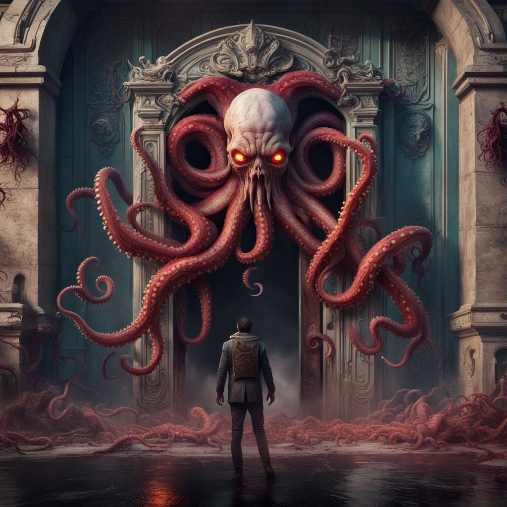 Octopus Vampire Monster Rips Door in Fantasy Art