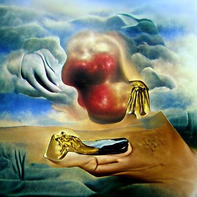Surreal Hand of God Holding Apple as Oil Painting