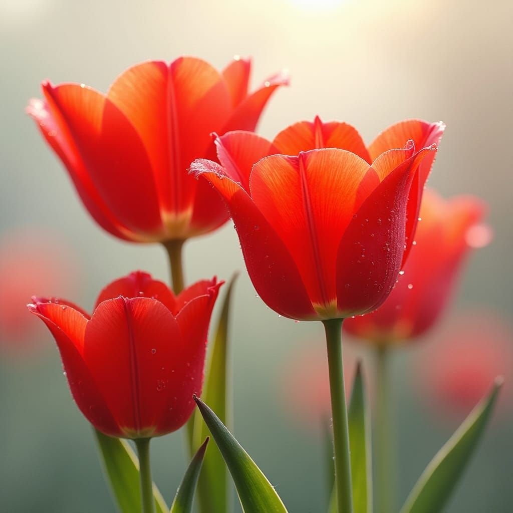 Red Tulips with Dew Drops in Impressionist Style