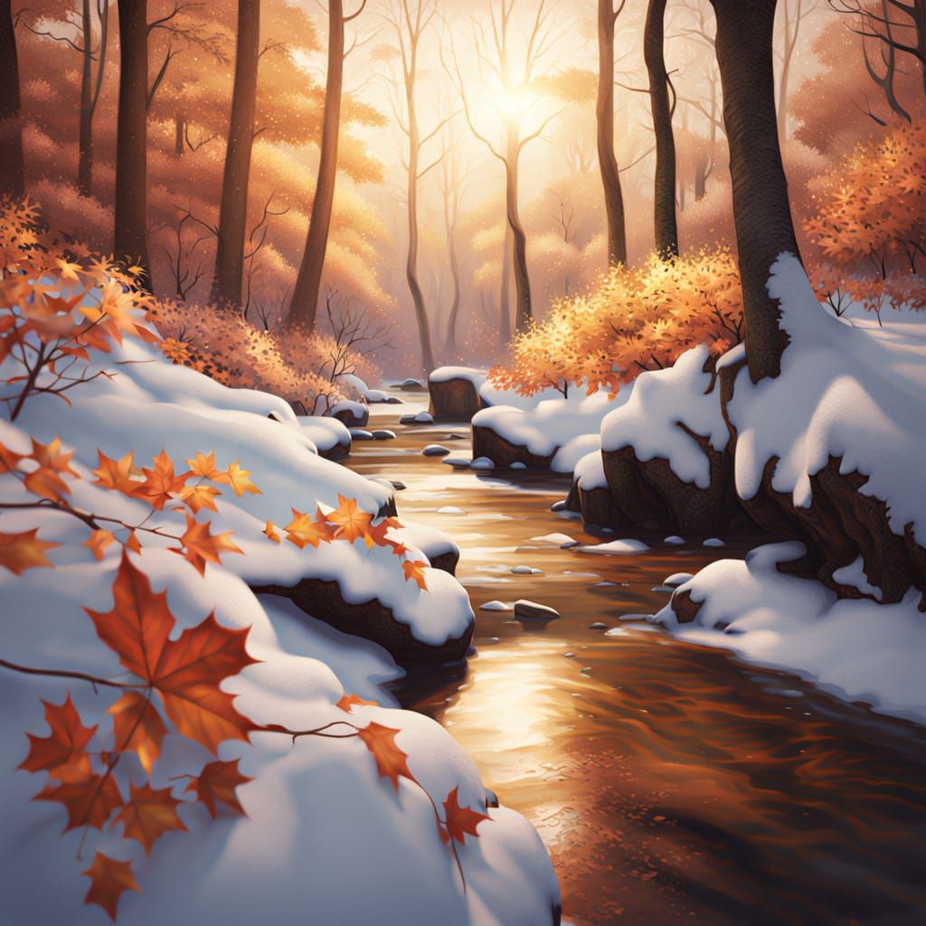 Snowy Forest at Sunset with Maple Leaves
