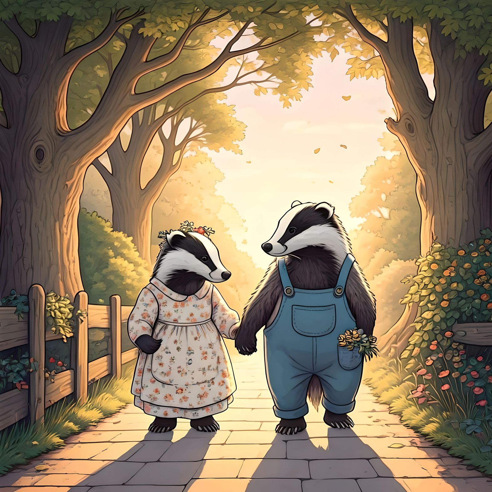 Badger Couple Stroll in Storybook Illustration Style