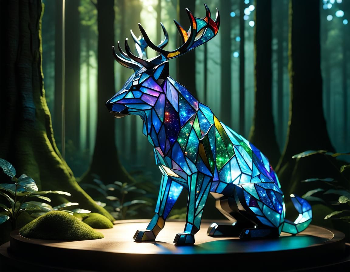 Stained Glass Animal Figurines in Nebula Forest