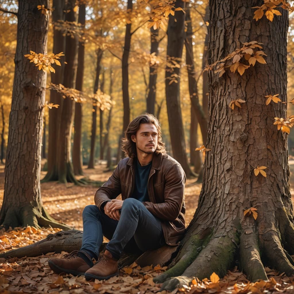 Autumnal Forest Scene with Man in Sunlight