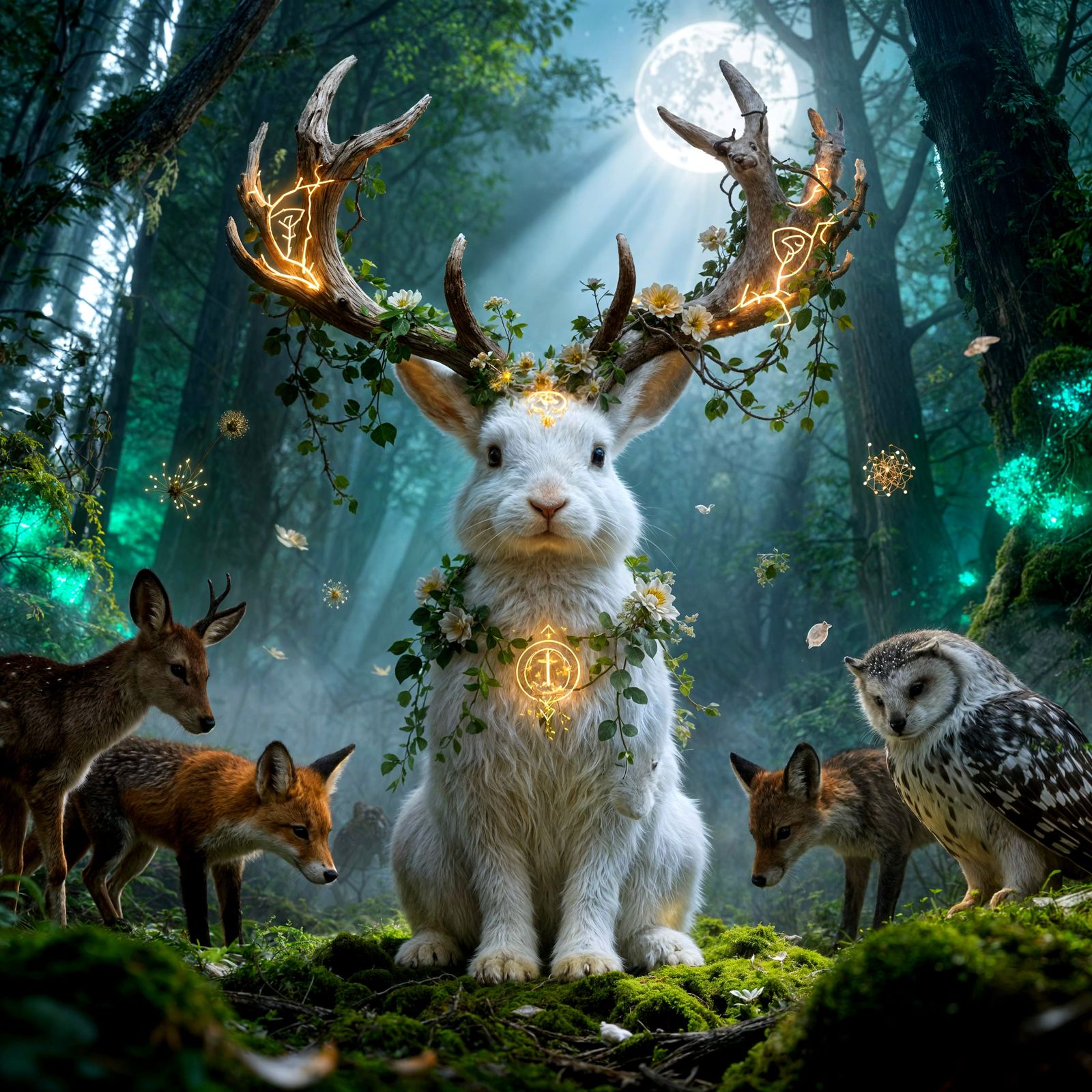 Forest Deity Rabbit Crowned in Ancient Antlers