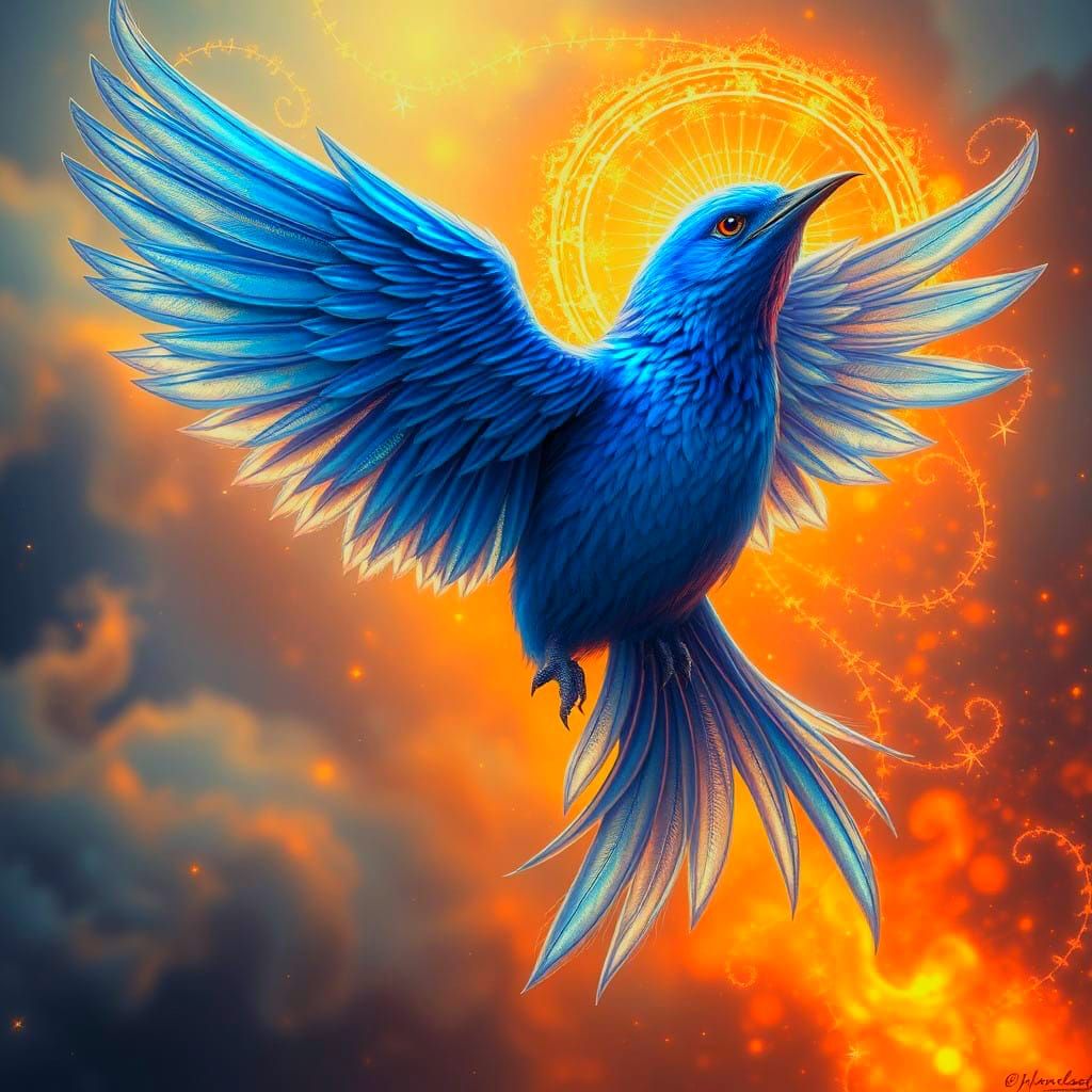 Angelic Blue Bird Shaping Reality with Vibrations in Fantasy...