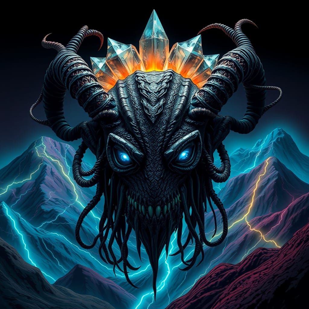 a webbed face with twisted webbed horns, piercing blue eyes, a half circular top to the head, wave fraction pointed hill...