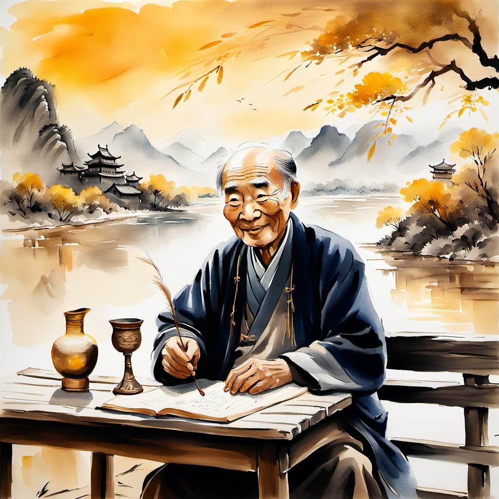 Ink Wash Painting of Chinese Poet by Yellow River