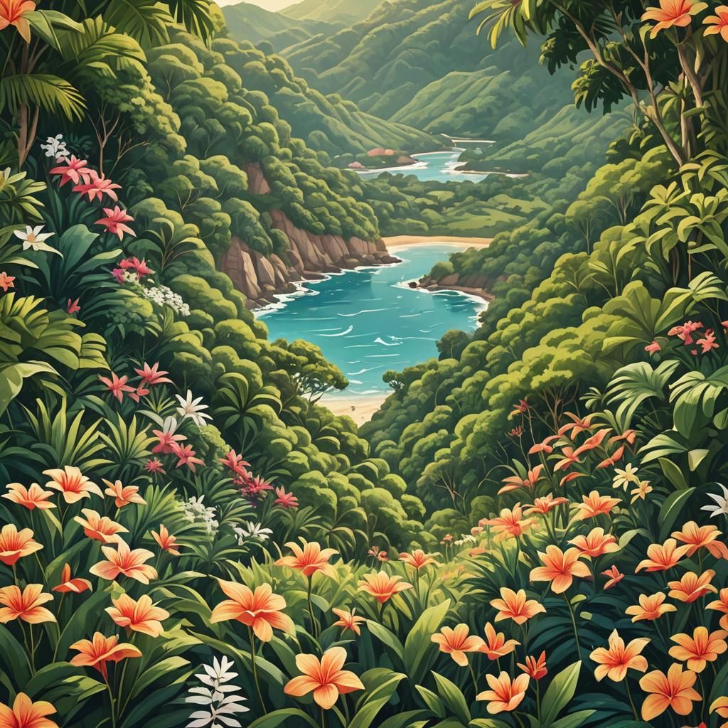 Tropical Flower in Bloom Overlooking the Ocean