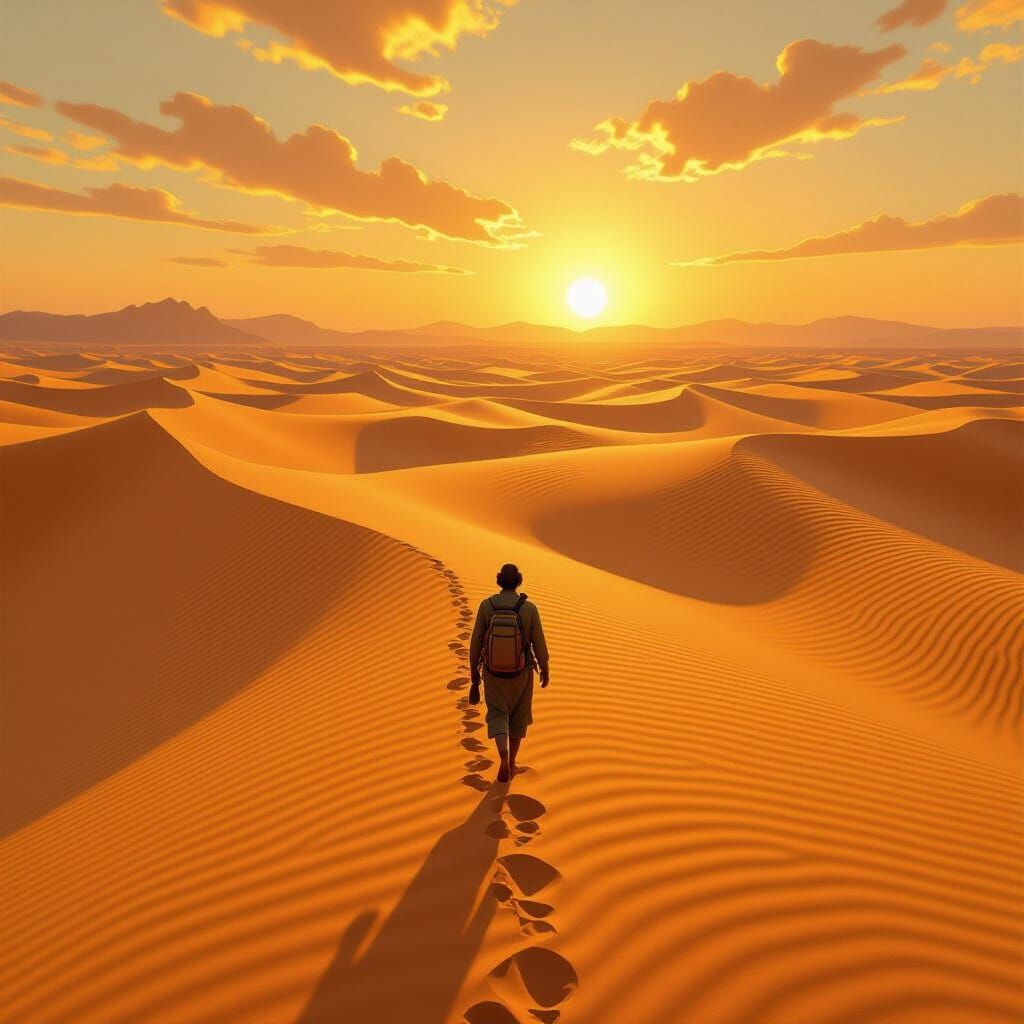 Barefoot Traveler in Surreal Breathing Desert Landscape