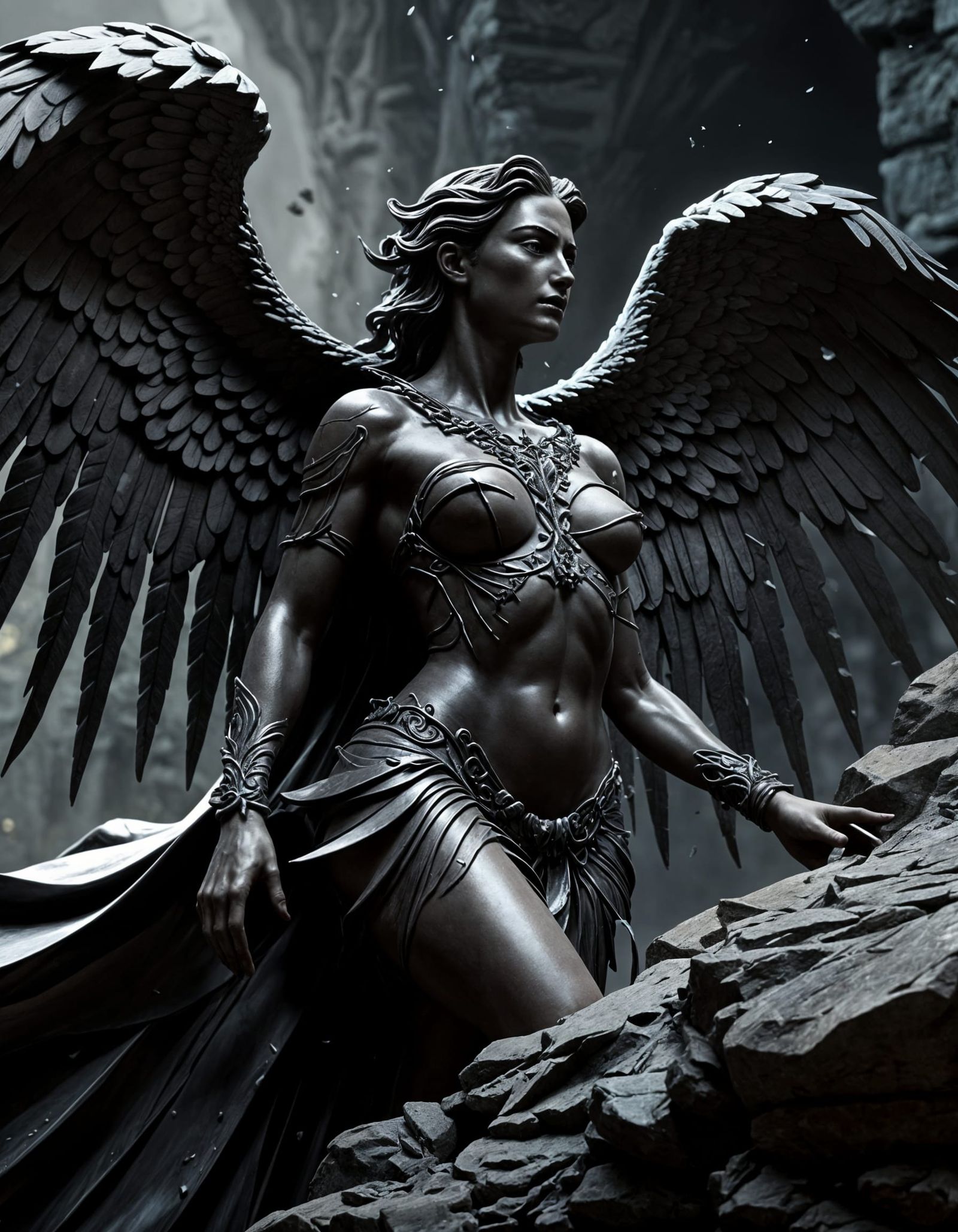 Gothic Angel Statue Breaks Free in Dark Fantasy Art