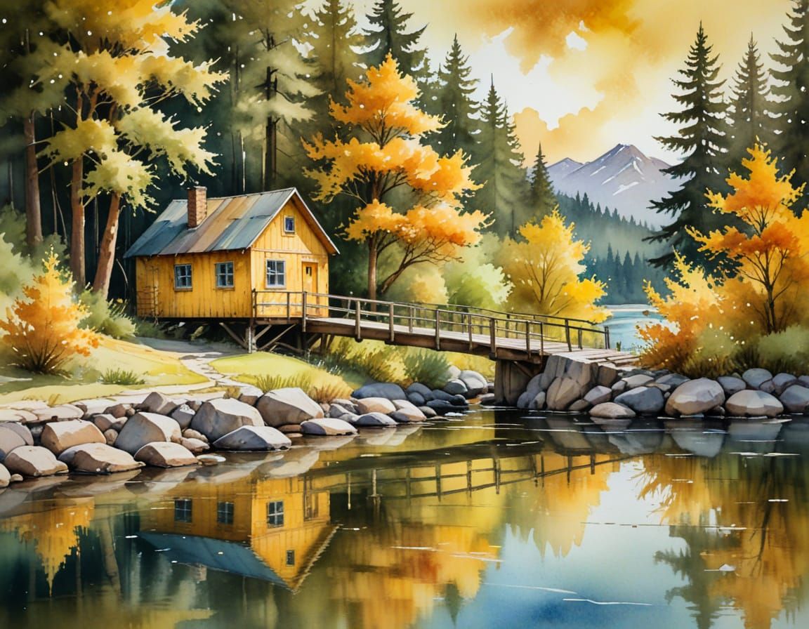 Quaint Cabin Over River in Watercolor Style