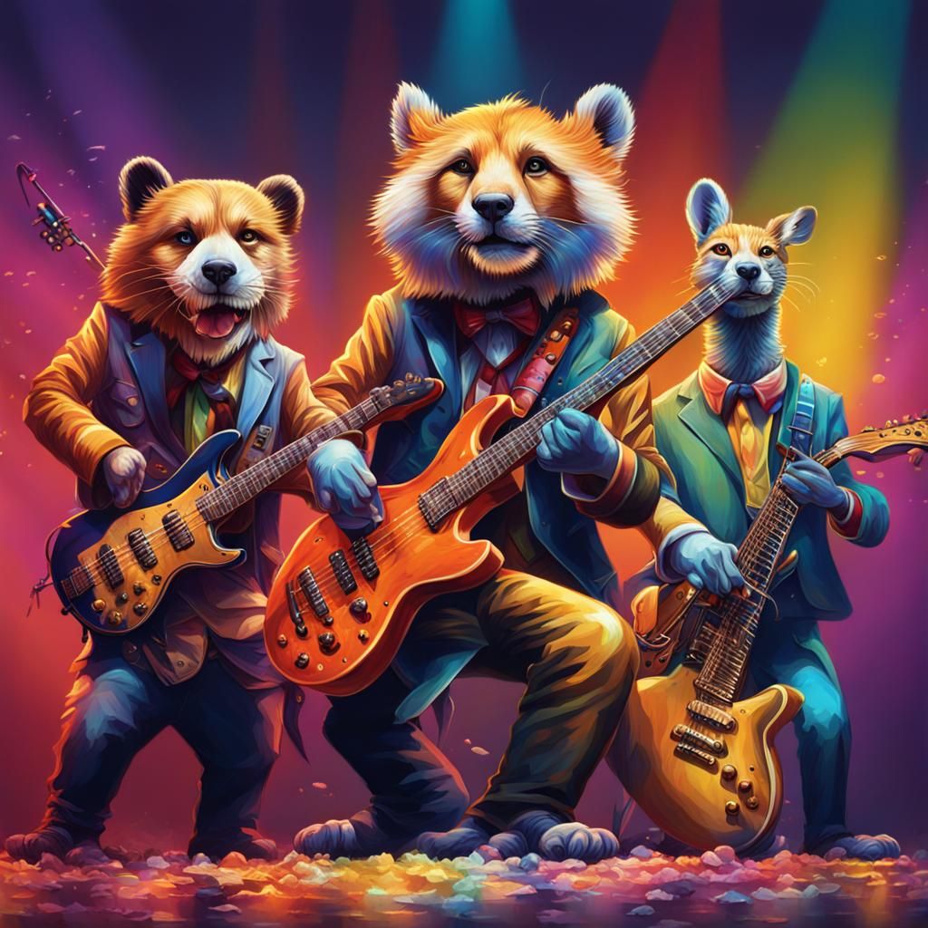 Hyperrealistic Animal Band Performing with Dramatic Lighting