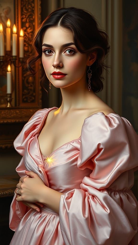 Romantic Oil Painting of Woman in Blush-Pink Gown
