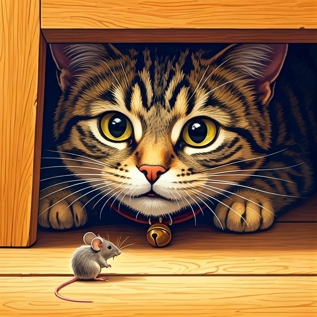 African Tabby Cat and Mouse in Watercolour Style