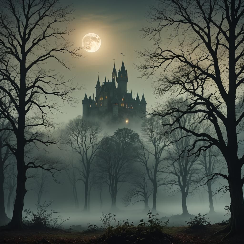 Mystical Forest: Tomb and Haunted Castle in Moonlight