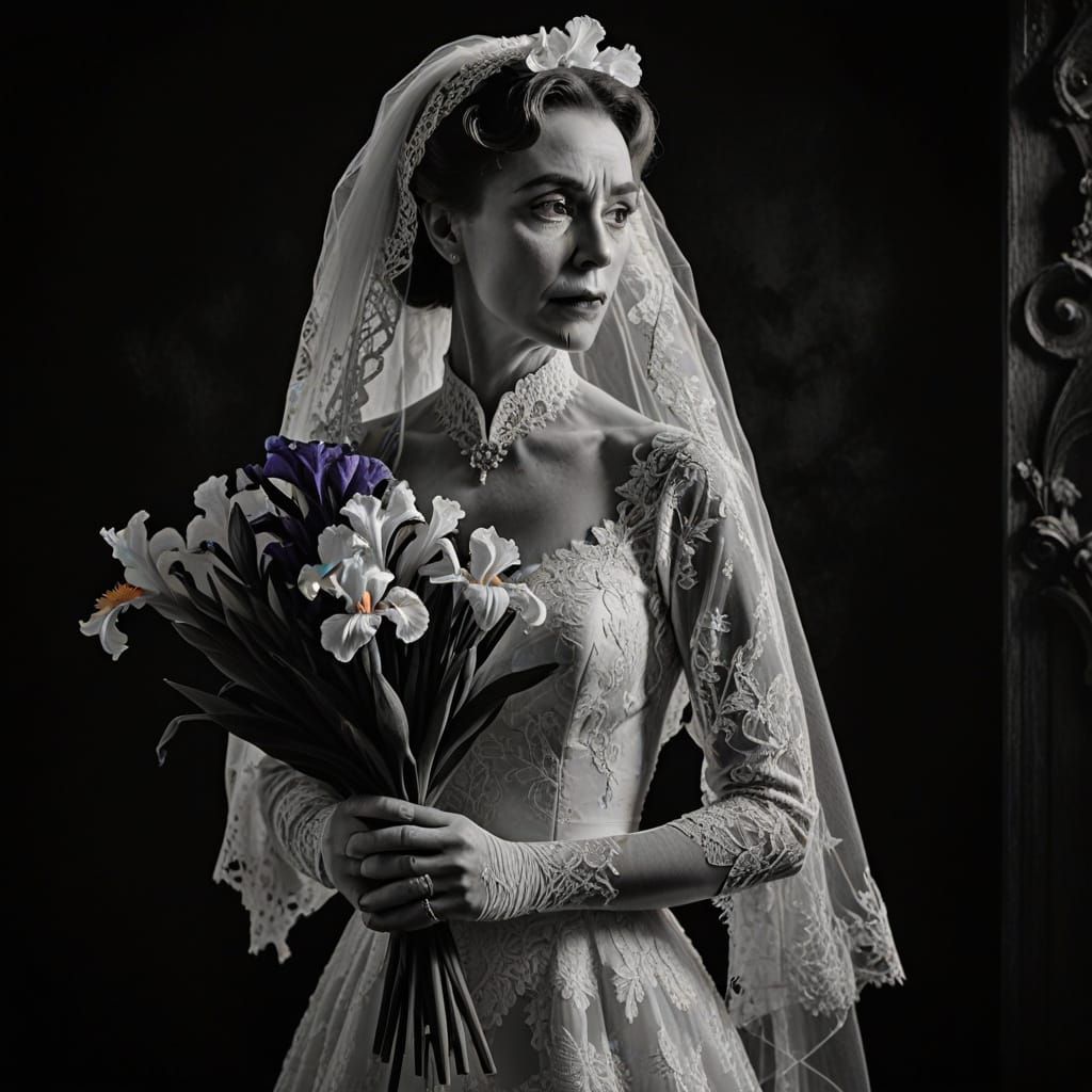 Victorian Bride in Film Noir with Iris Bouquet