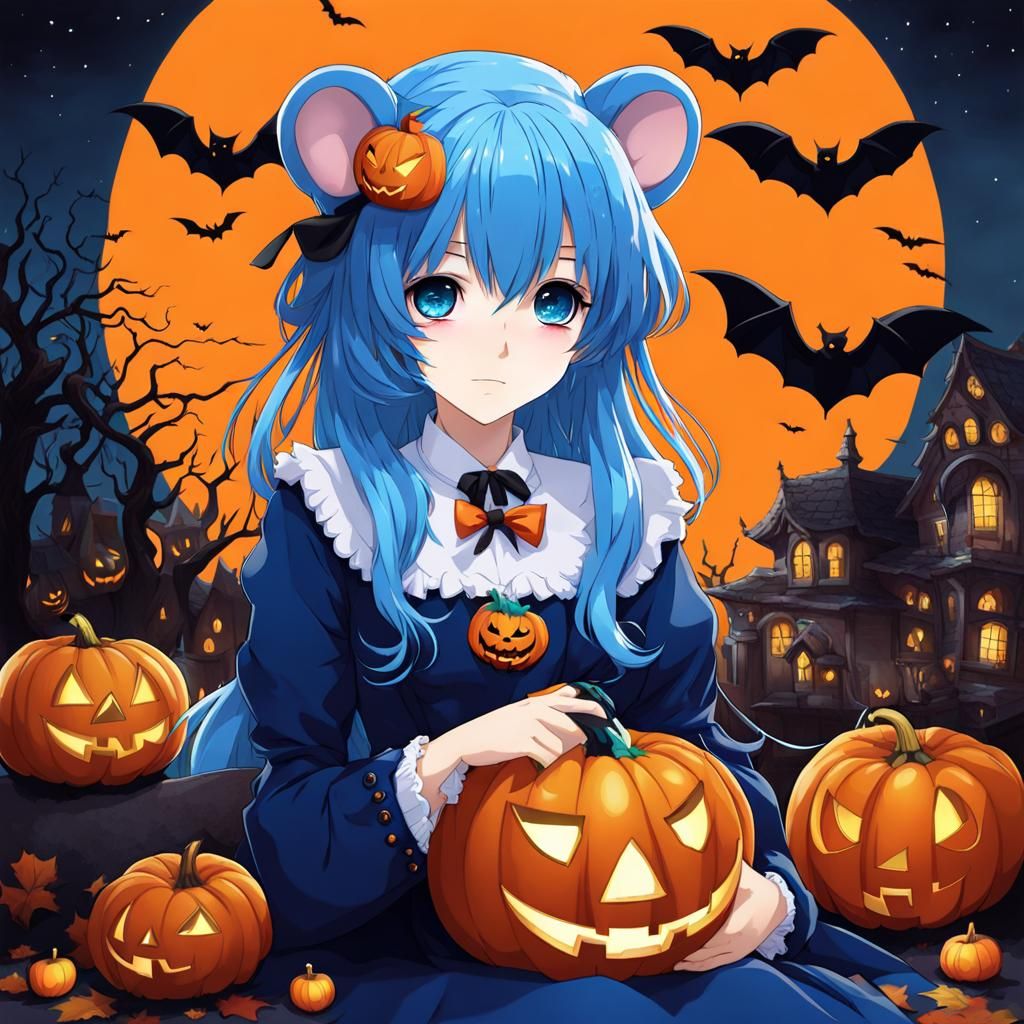 Anime Girl with Blue Hair and Mouse for Halloween