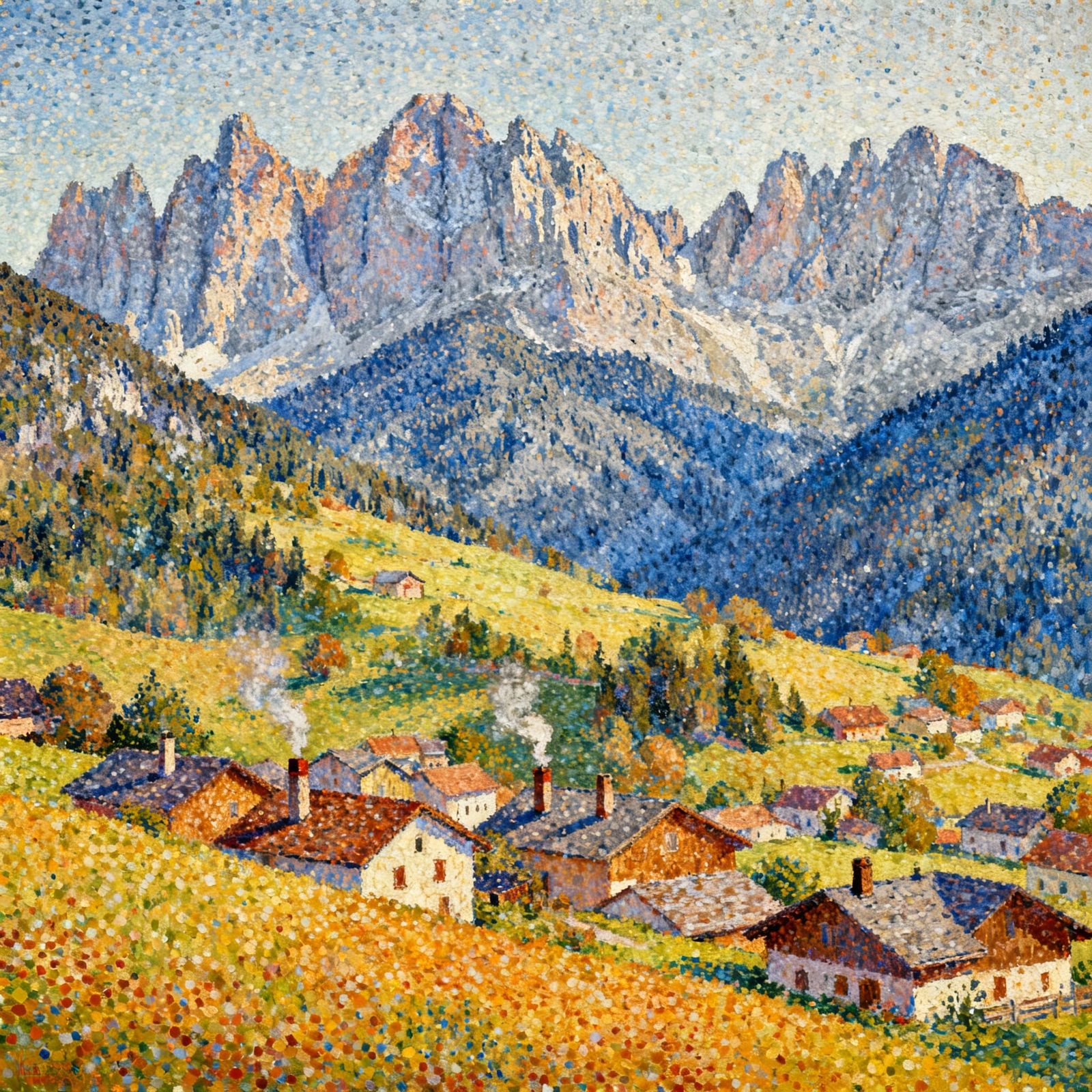 Village Below Mountains in Seurat Style