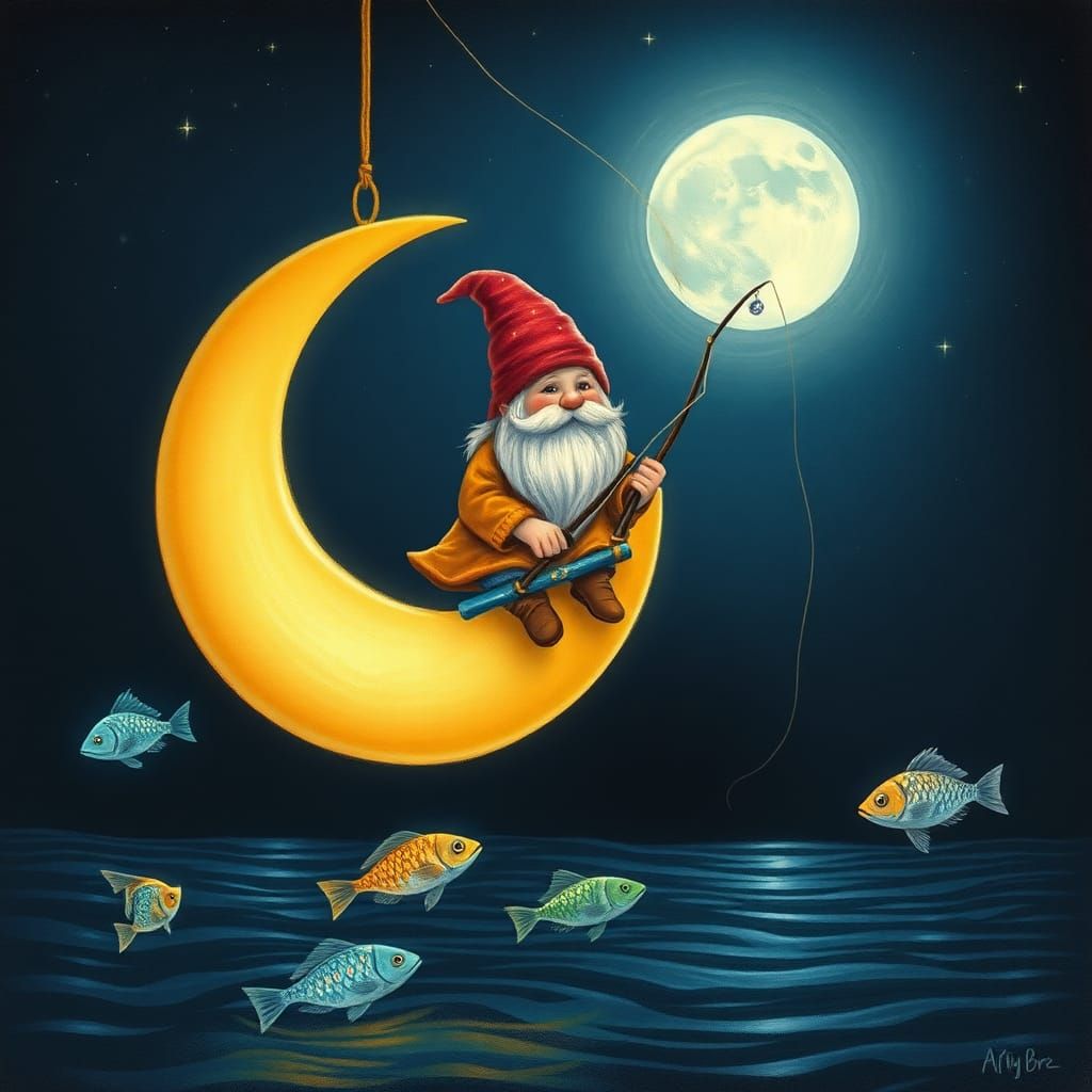 Gnome Fishing from Moonlit Crescent Above Sea