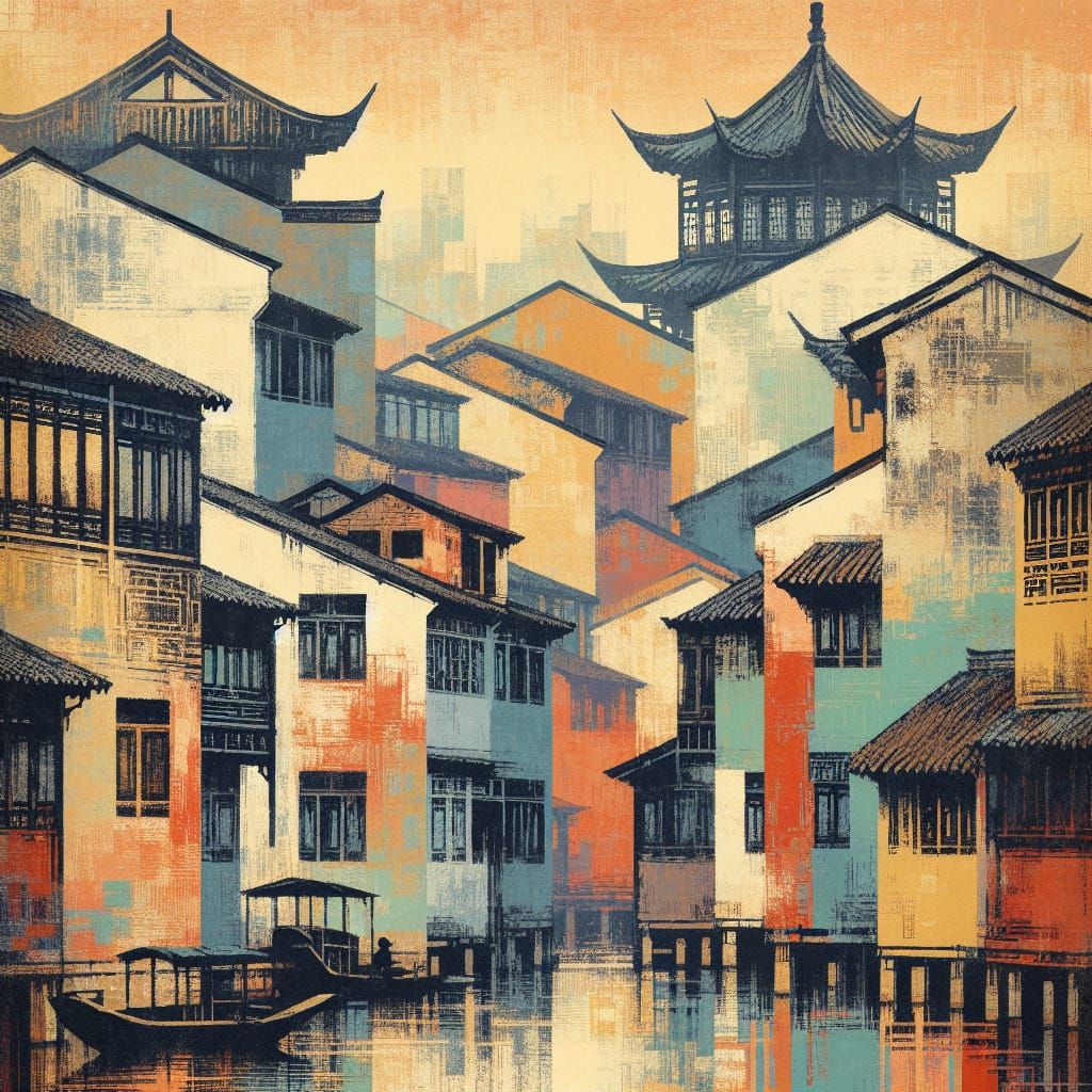 Jiangnan Water Town: Minimalist Abstract in Lithograph Style