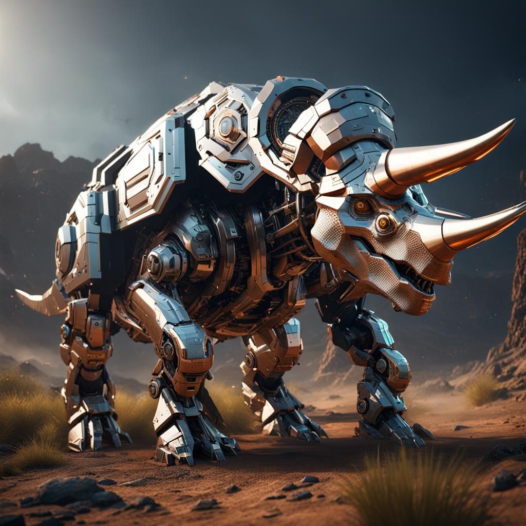 Futuristic Triceratops Charging with Mech Details