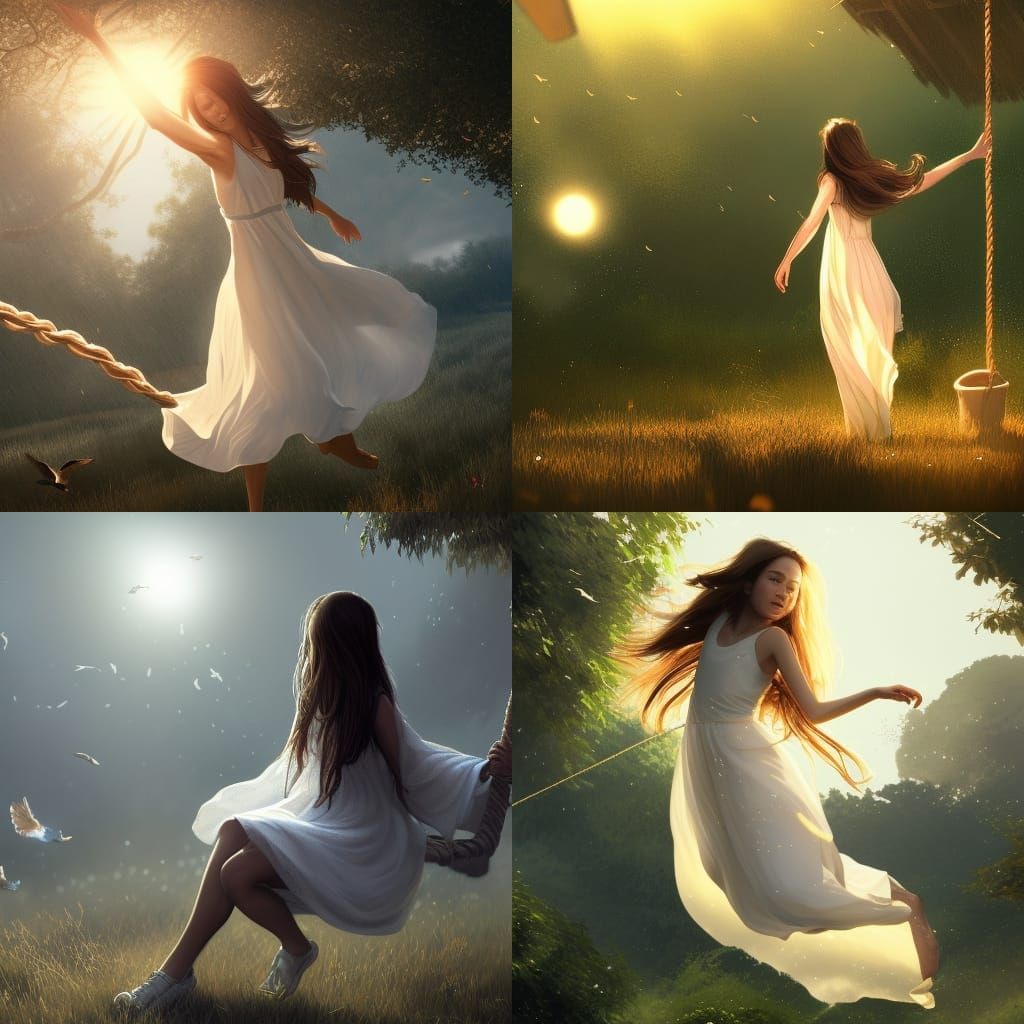 Girl on Swing at Sunset, Hyperdetailed Concept Art