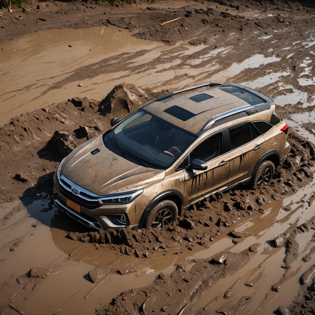 Mud-Splattered BYD Atto 3: Hyperrealistic Splash Art