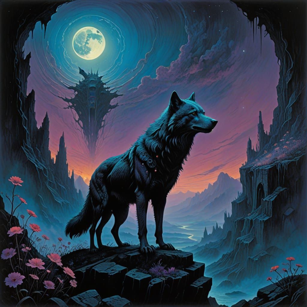 Surreal Cosmic Wolf Emerges from Astral Vortex