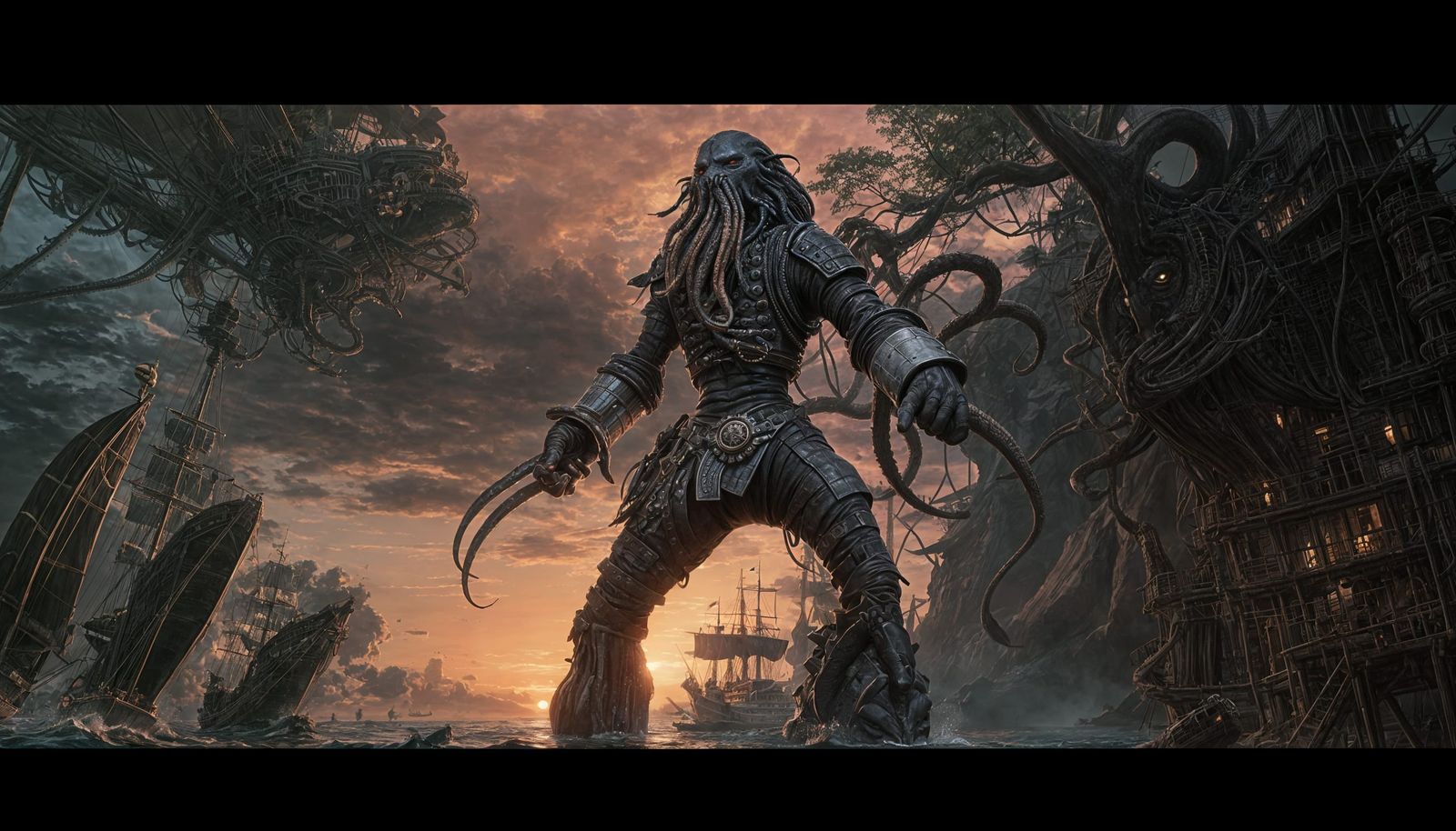 Pirate Ship Versus Octopus at Sunset: Anime Style