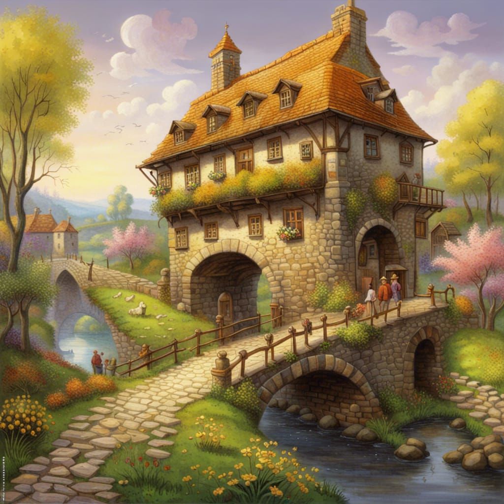 Feudal Hamlet in Spring by Flowing Brook