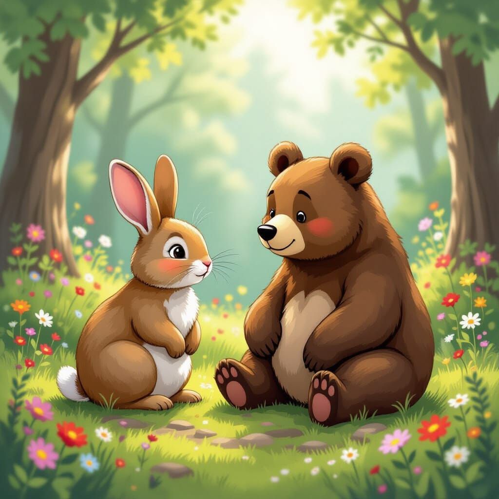 Rabbit and Bear Friends in Enchanted Forest