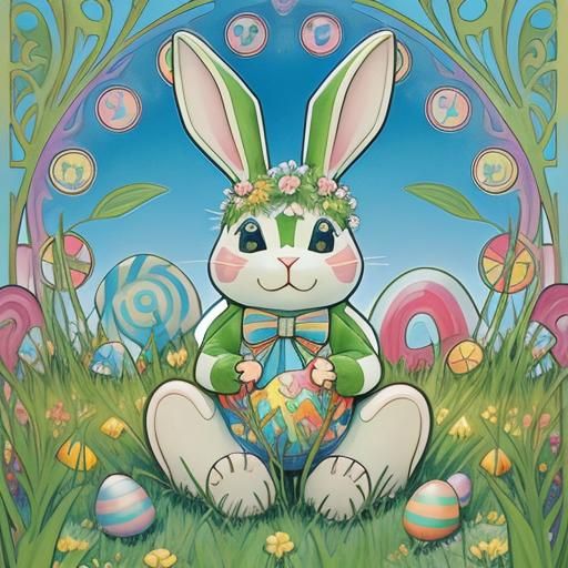 Easter Bunny Candy Wonderland in Mucha Style