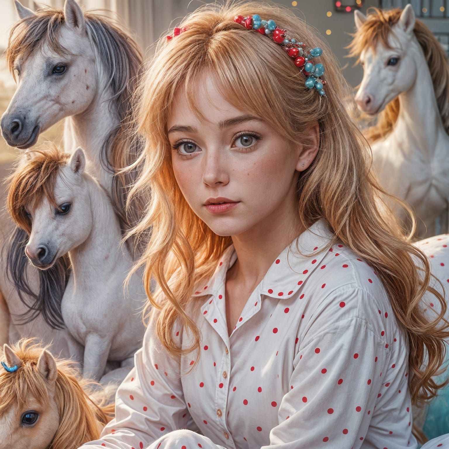 Girl in Pajamas Surrounded by My Little Ponies