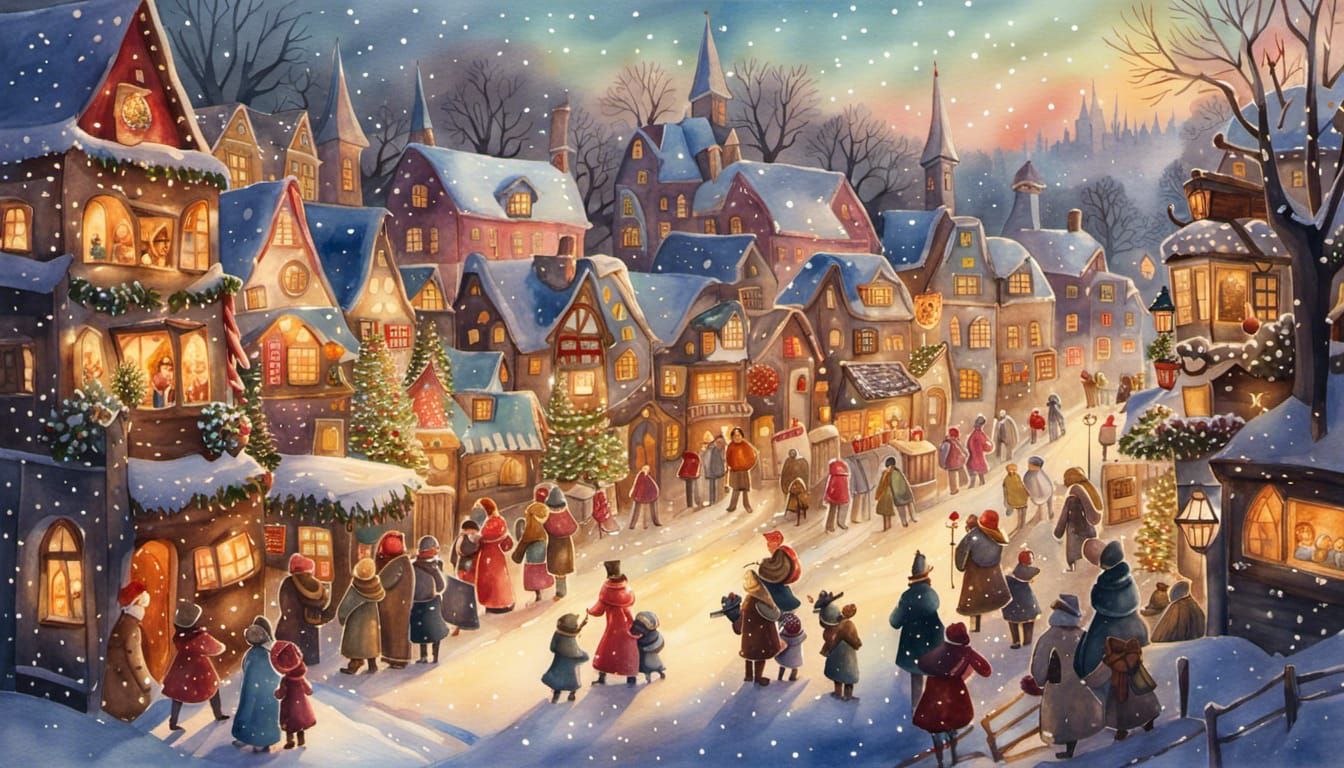 Festive Christmas Village Watercolor Illustration