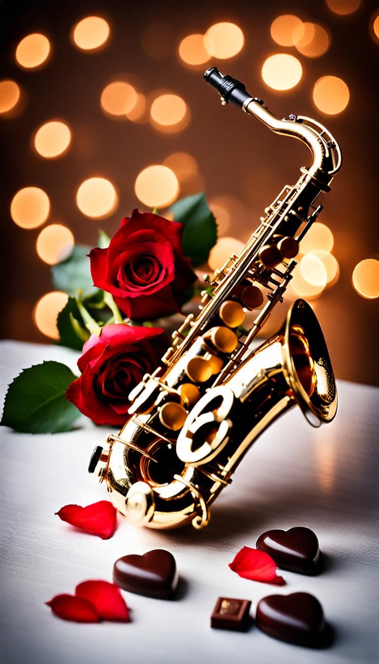 Romantic Saxophone, Roses, and Chocolates Heart