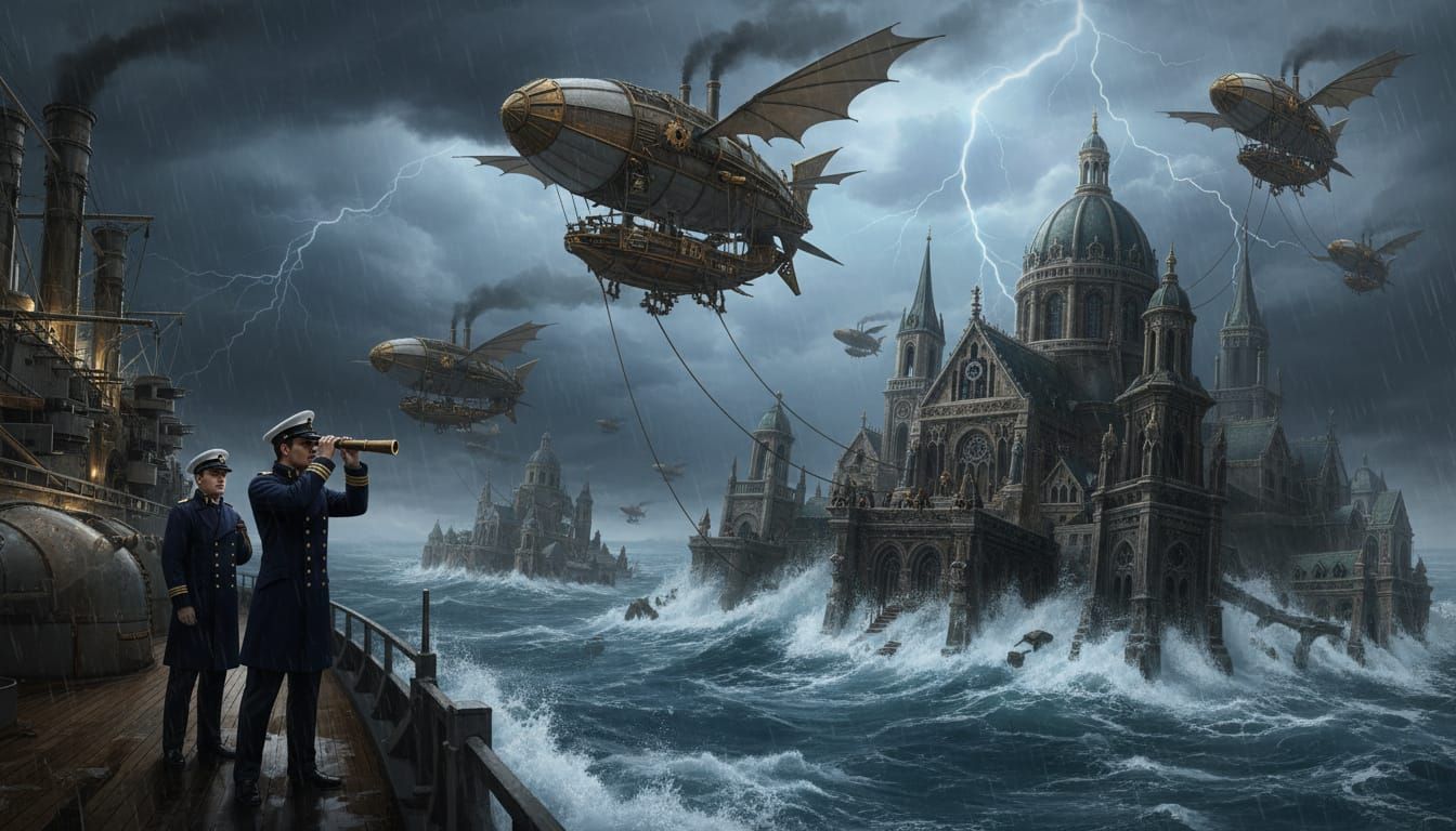 Steampunk Airships Rescue Drowning Gothic City