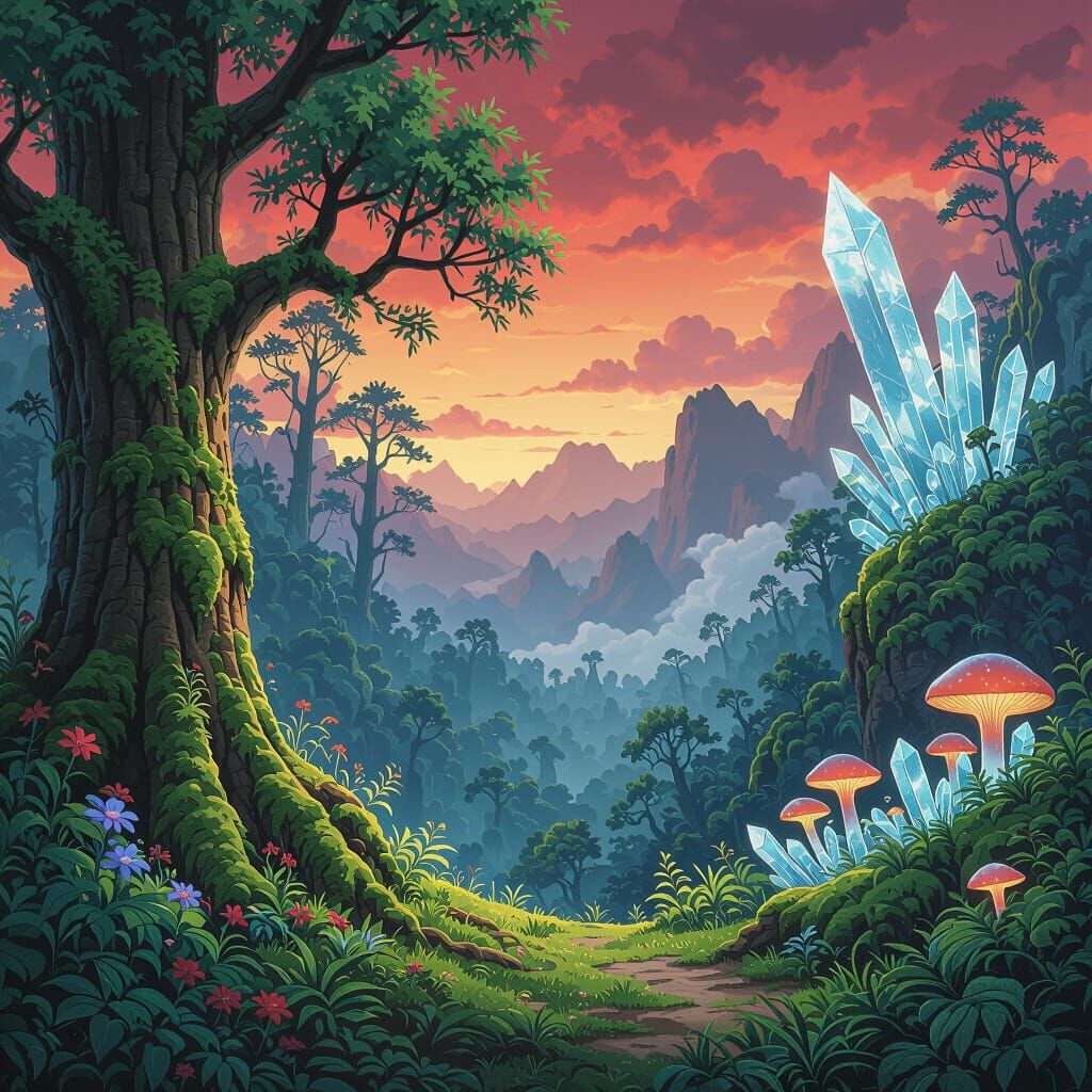 Ghibli-Style Forest Merges with Alien Jungle