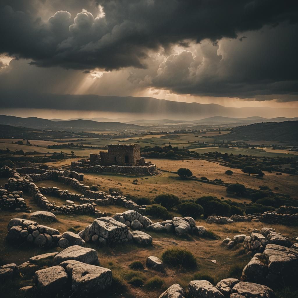 Misty Sardinian Landscape with Ancient Nuraghe