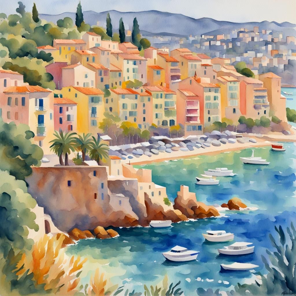 French Riviera Watercolor in Impasto Style