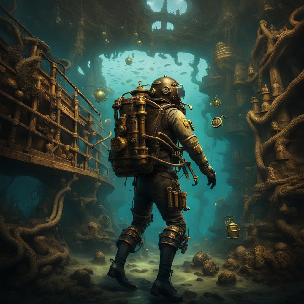 Steampunk Scuba Diver Explores Shipwreck in Detailed Paintin...