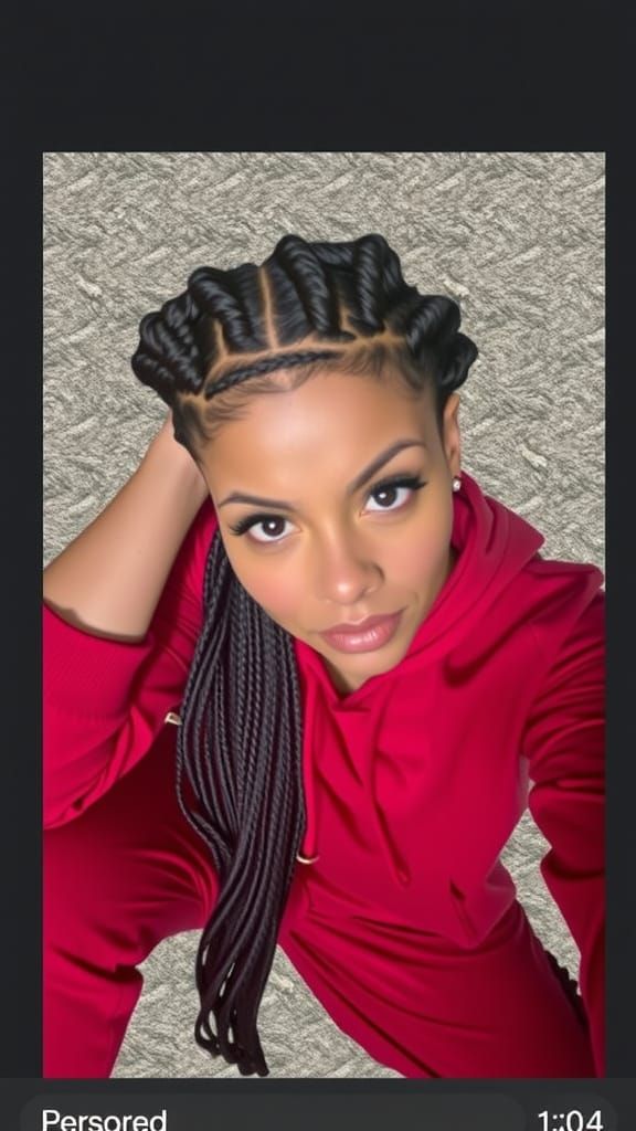 Woman with Braided Hair in Red Hooded Outfit