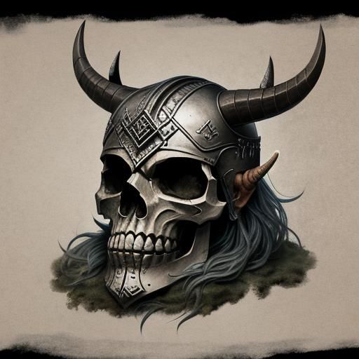 Viking Skull with Horned Helmet and Battle Ax