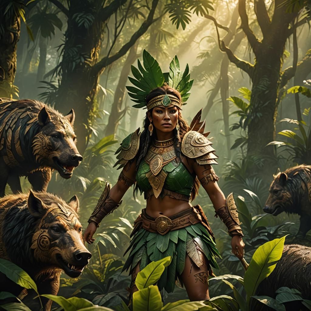 Aztec Woman Hunting Boar in Jungle Concept Art