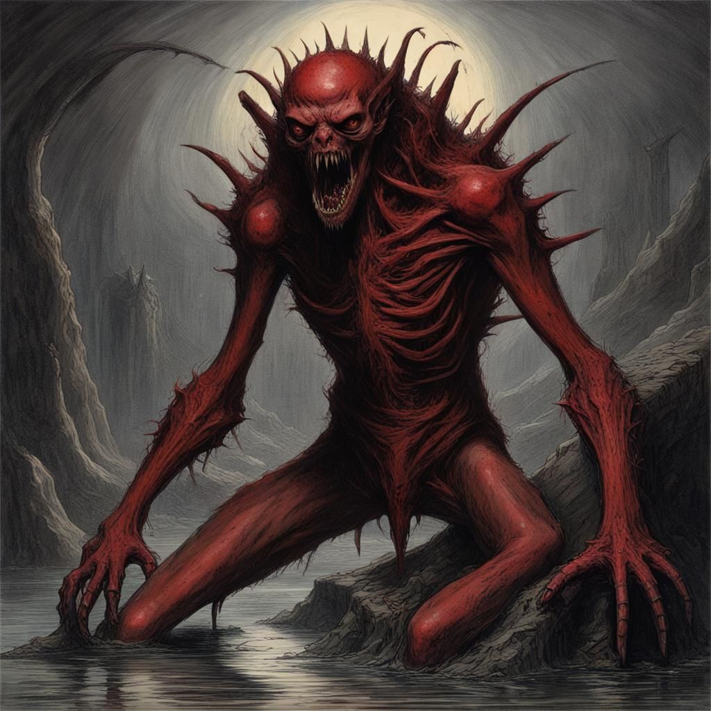 Blood-Soaked Crimson Creature in Dark Fantasy Style