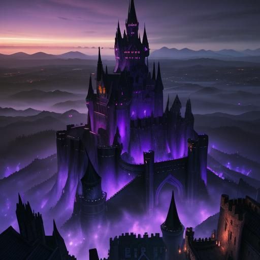 Black Castle Ablaze in Fantasy Night Sky