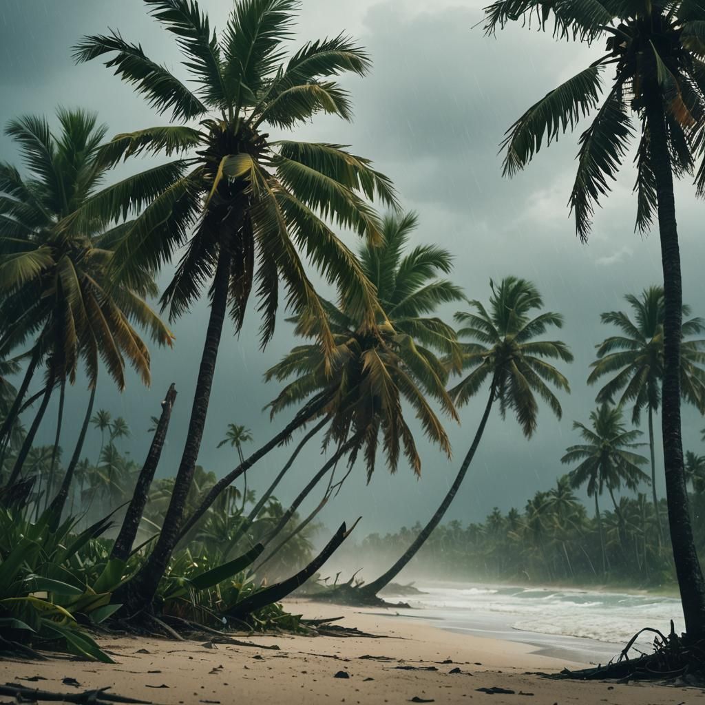 Tropical Beach Palm Trees in a Cyclone, Cinematic Style
