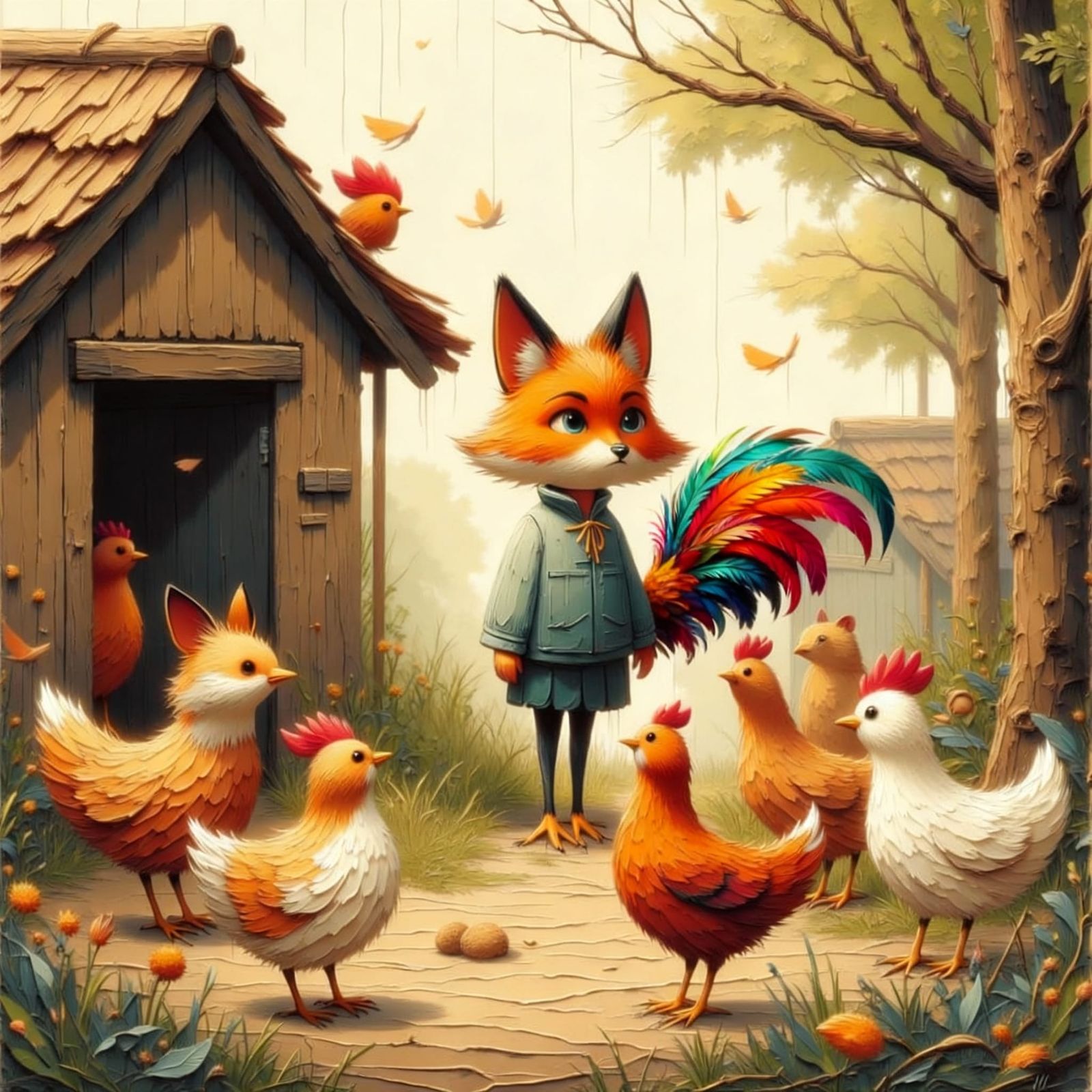 Fox-Headed Cockerel Puzzles Hens in Anime Style