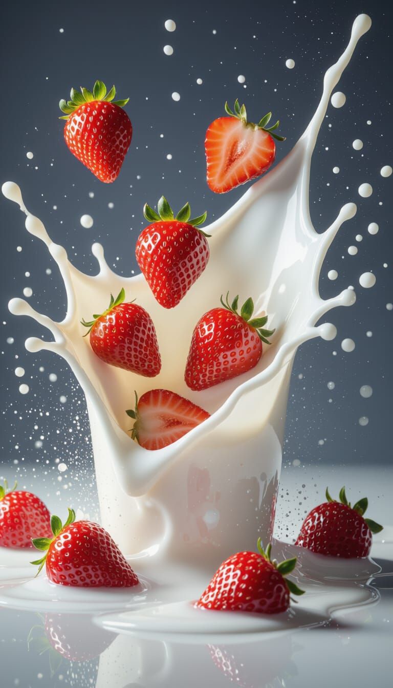 Hyperrealistic Milk and Strawberry Splash, High Contrast