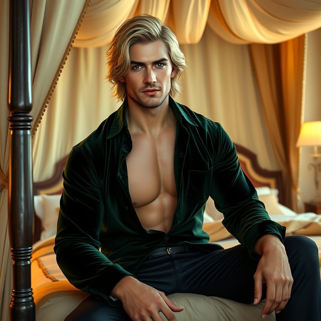 Regal Male in Velvet and Black Trousers, Seated on a Plush C...