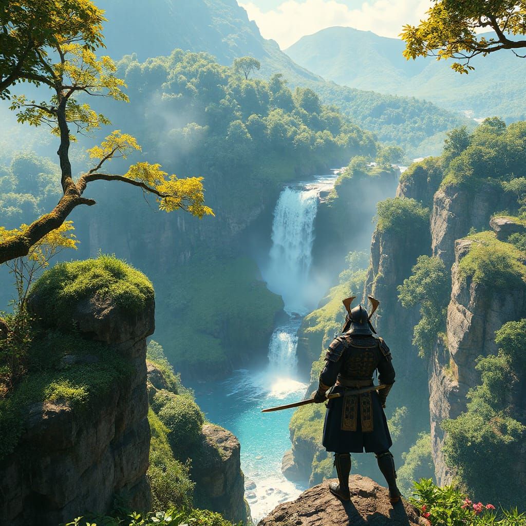 Samurai Warrior Gazing at Waterfall in Anime Style